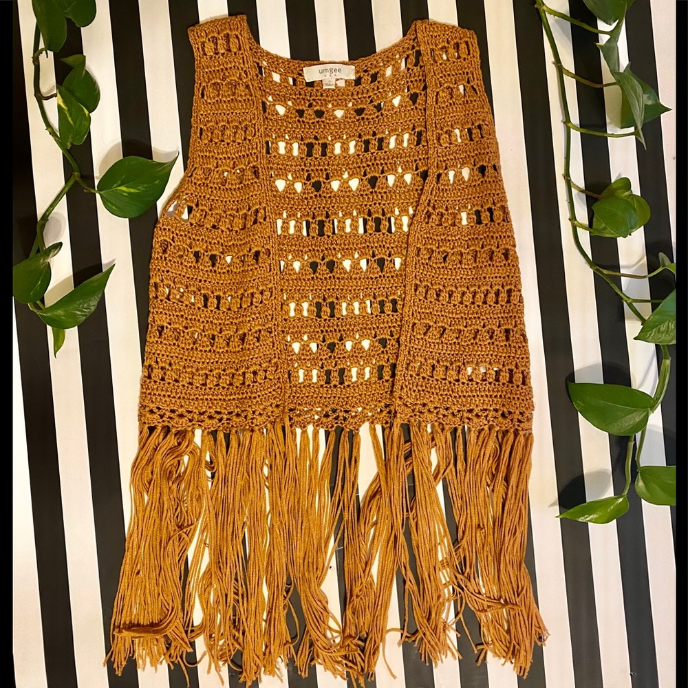Burnt Brown Crochet Vest with Fringe